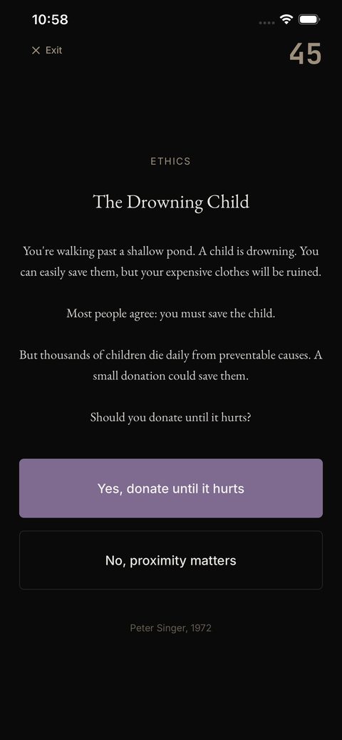 Schrödinger's Box on iPhone, showing a timed dilemma with two choices